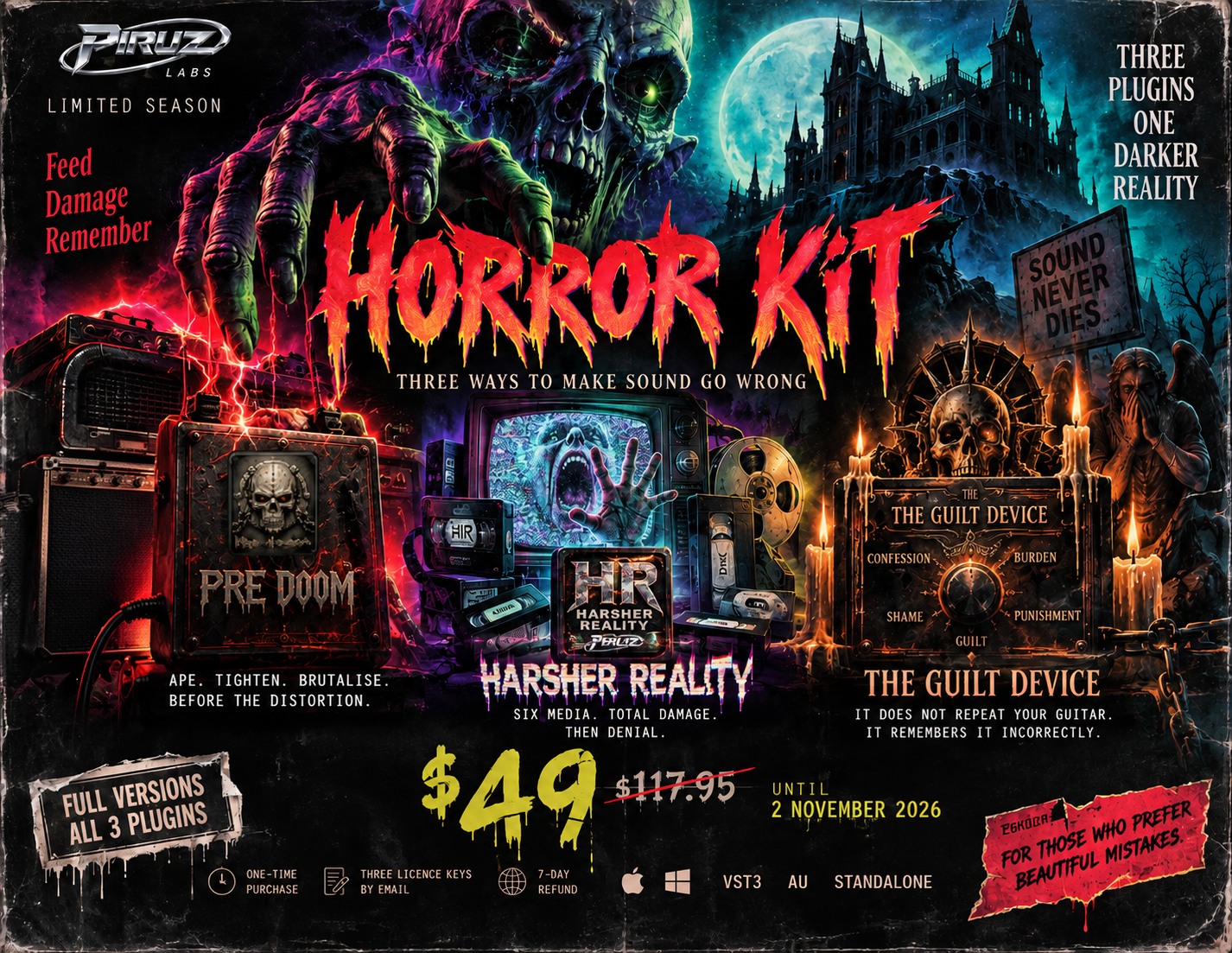 Piruz Horror Kit poster featuring PRE DOOM, Harsher Reality and The Guilt Device