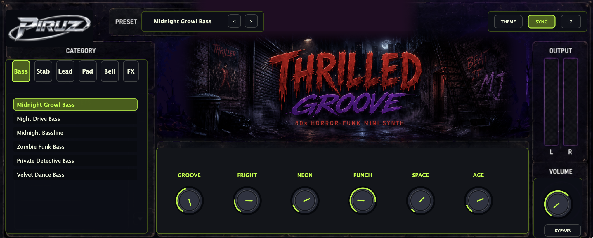 Thrilled Groove interface, a free 80s horror-funk synth