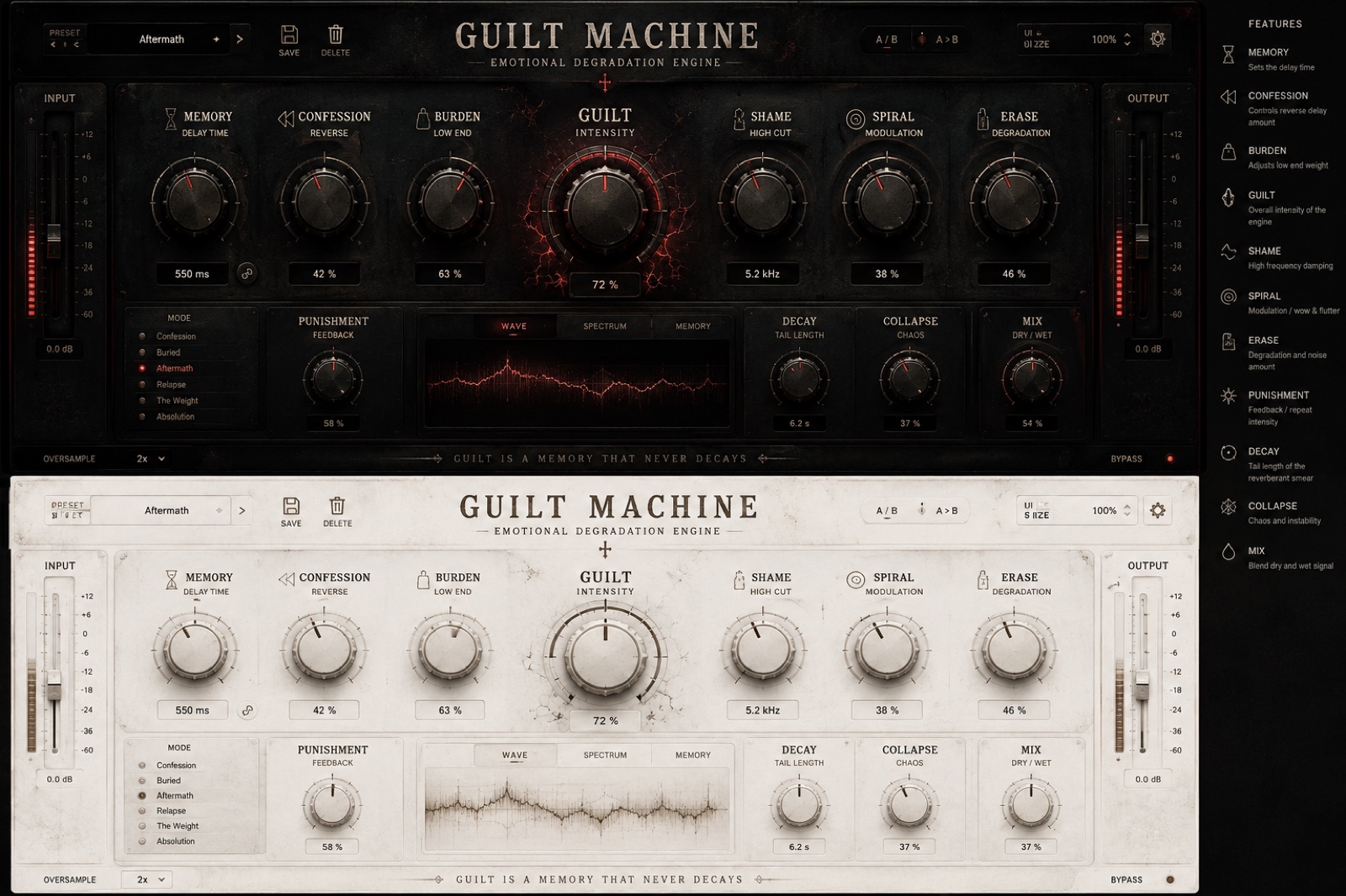 Guilt Machine plugin interface, dark and light themes, with the central Guilt macro and six emotional modes