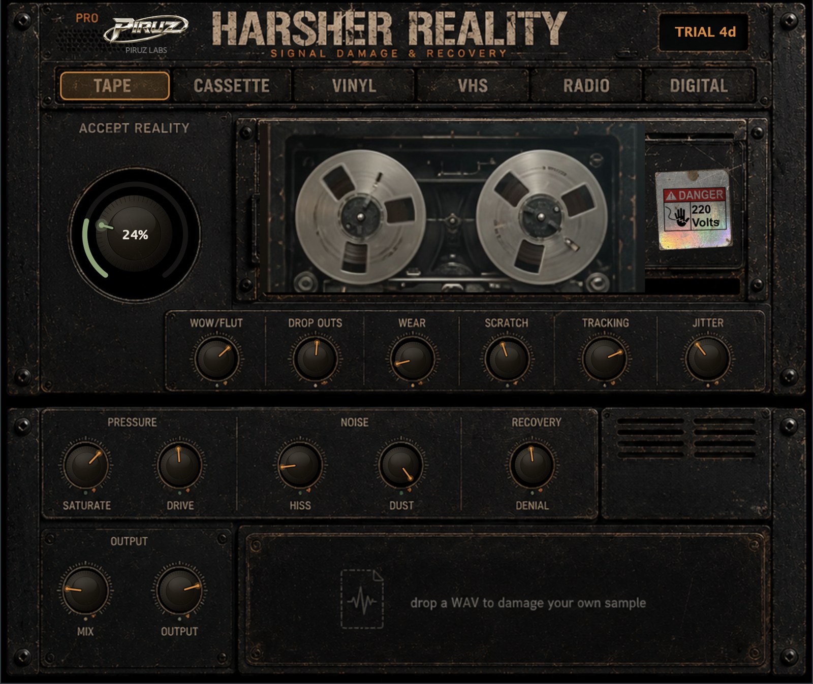 Harsher Reality Pro interface: six media tabs, spinning reel-to-reel, Accept Reality dial, damage racks