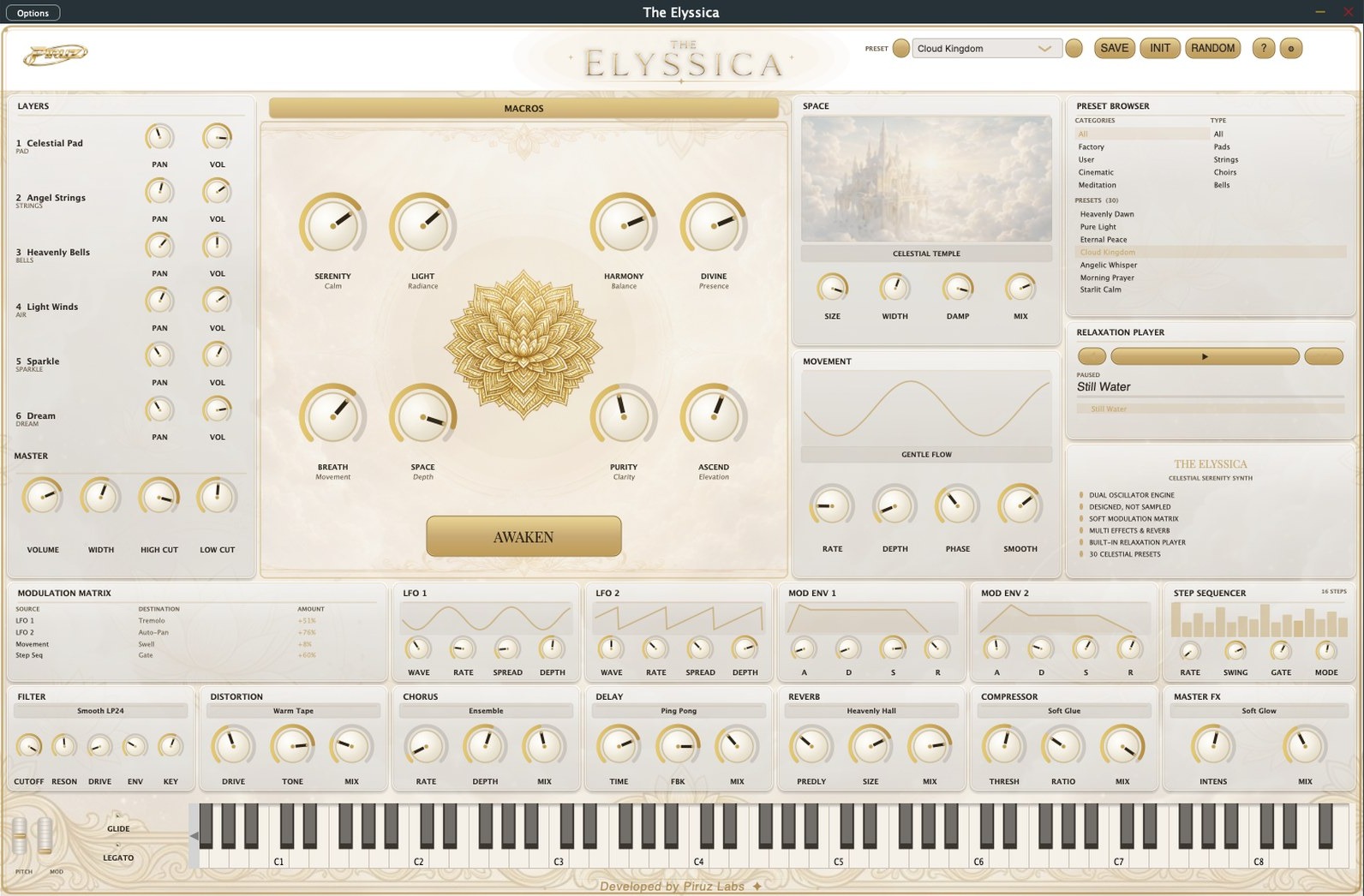 The Elyssica interface: gold lotus, eight macros, layers, a built-in relaxation player and full modulation and FX