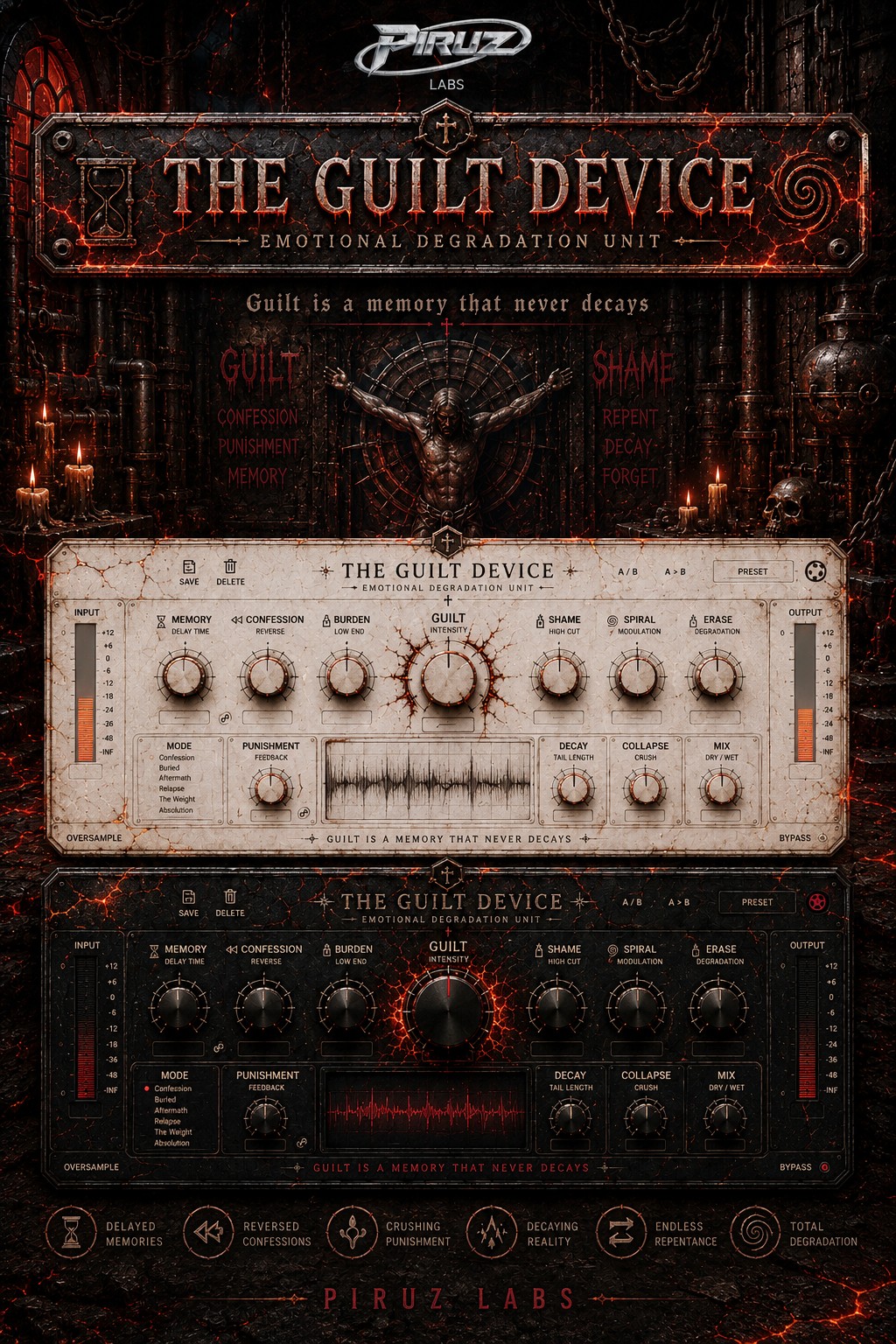 The Guilt Device, Emotional Degradation Engine, full poster with dark and light themes and the central Guilt macro