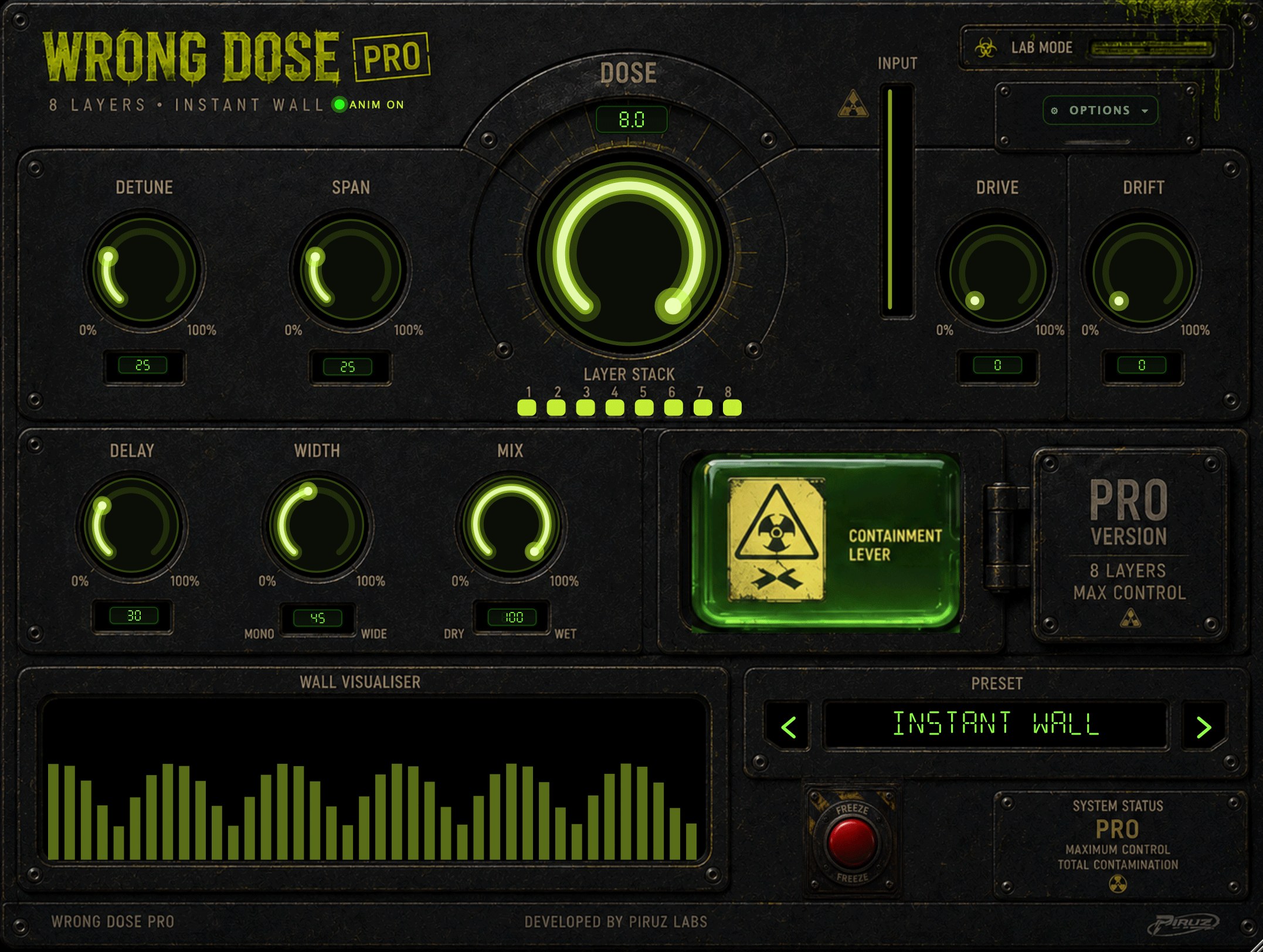Wrong Dose Pro Studio interface: the DOSE knob, 8-layer stack and the wall visualiser