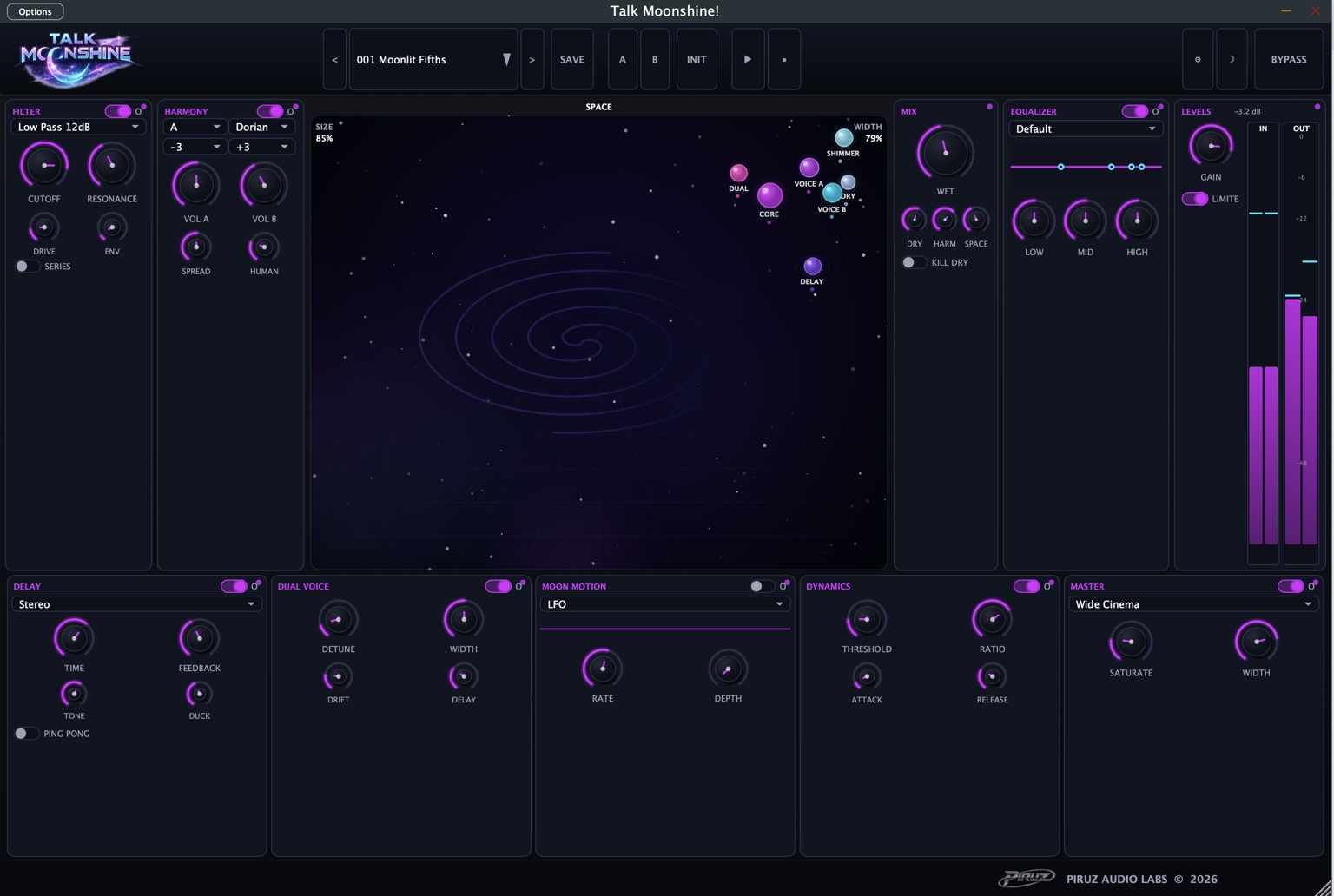 Talk Moonshine! plugin UI in dark theme, Filter, Harmony, Moonspace, Mix, EQ, Levels, Delay, Dual Voice, Moon Motion, Dynamics and Master modules visible
