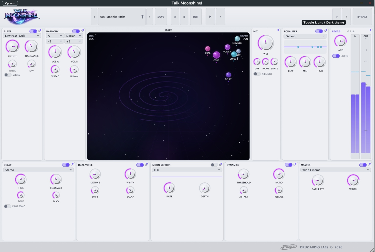 Talk Moonshine! plugin UI in light plaster theme, Moonspace stays cosmic dark while surrounding panels go soft grey